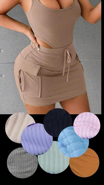 Conjunto ajustado de falda y top sin mangas para mujer, tela acanalada, varios colores.