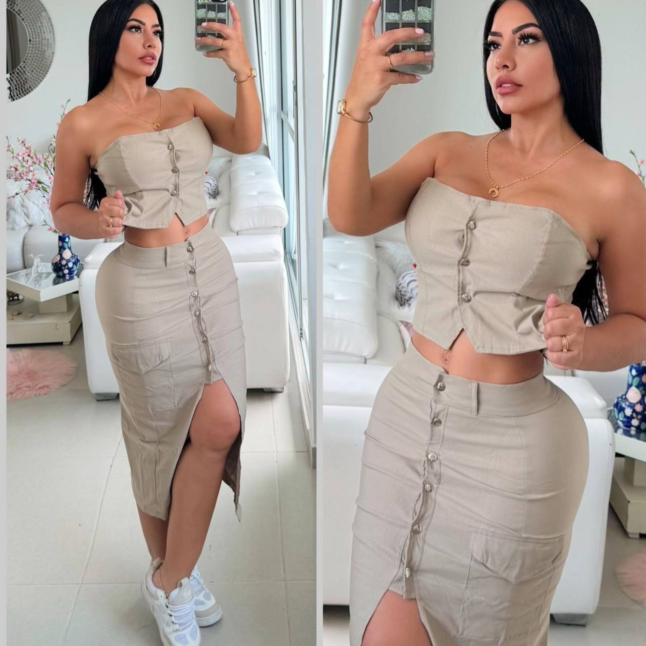 Conjunto de falda larga beige con abertura y top sin tirantes, moda femenina elegante.